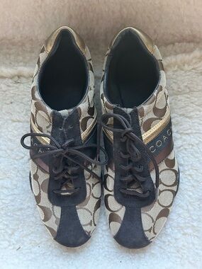 Coach Brown Signature Logo Lace-Up Sneakers with Gold Accent